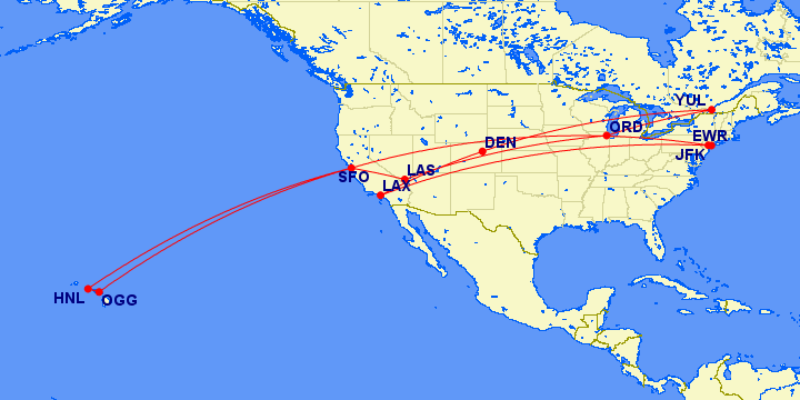 EWR-SFO-HNL-OGG-SFO-LAS-ORD-YUL-DEN-LAX-JFK