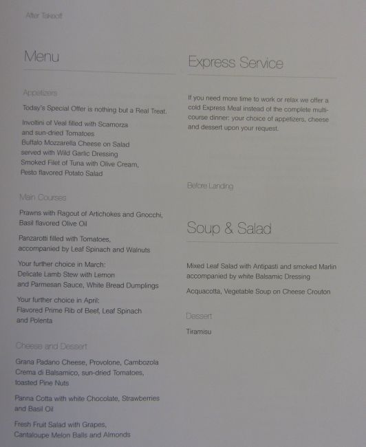 Lufthansa Business Class Menu