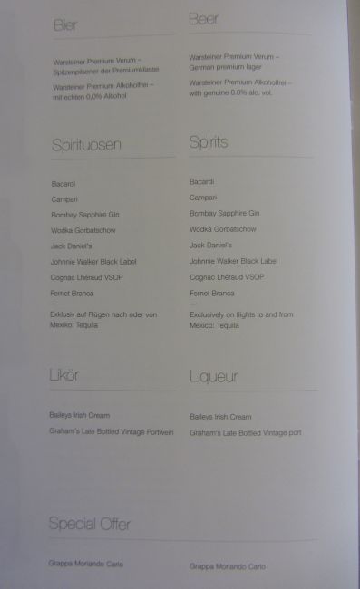 Lufthansa Business Class Menu