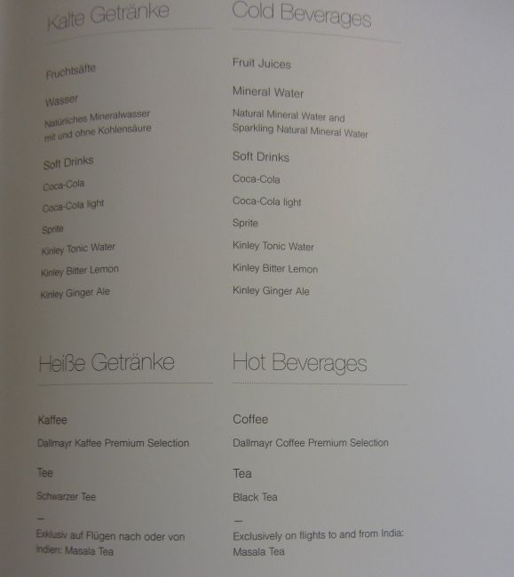 Lufthansa Business Class Menu