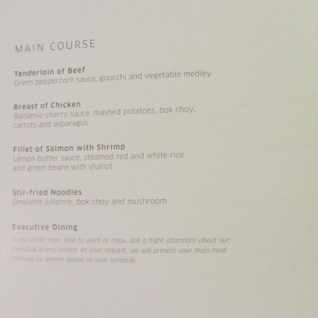 United Airlines Business Class Hong Kong to San Francisco Menu