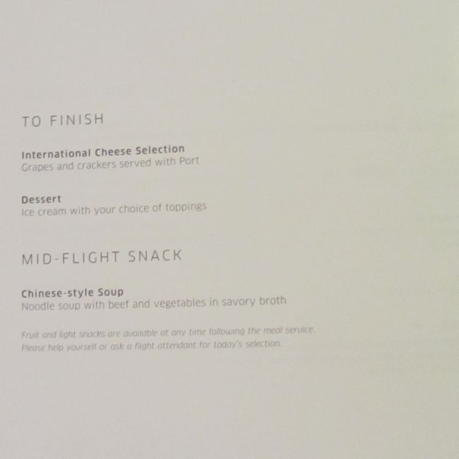 United Airlines Business Class Hong Kong to San Francisco Menu