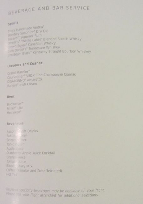 United Airlines Business Class Hong Kong to San Francisco Menu