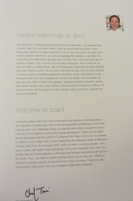 Lufthansa First Class Los Angeles to Munich Menu