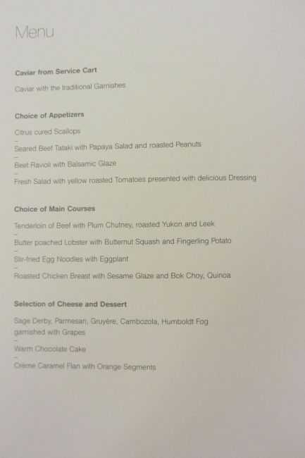 Lufthansa First Class Los Angeles to Munich Menu