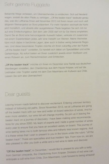 Lufthansa First Class Los Angeles to Munich Menu