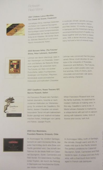 Lufthansa First Class Los Angeles to Munich Menu