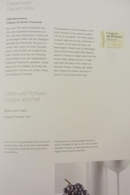 Lufthansa First Class Los Angeles to Munich Menu