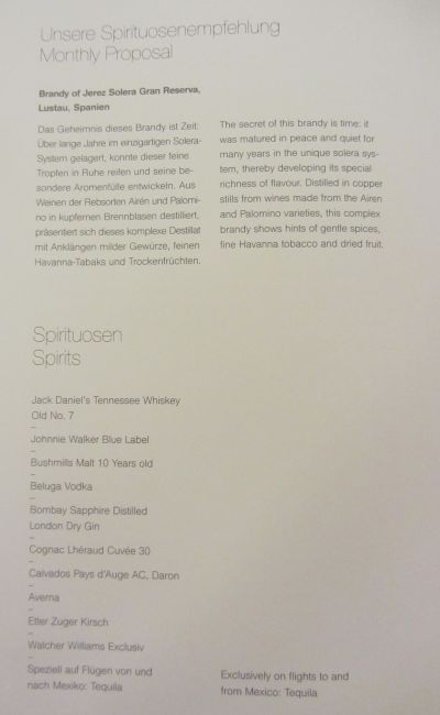 Lufthansa First Class Los Angeles to Munich Menu