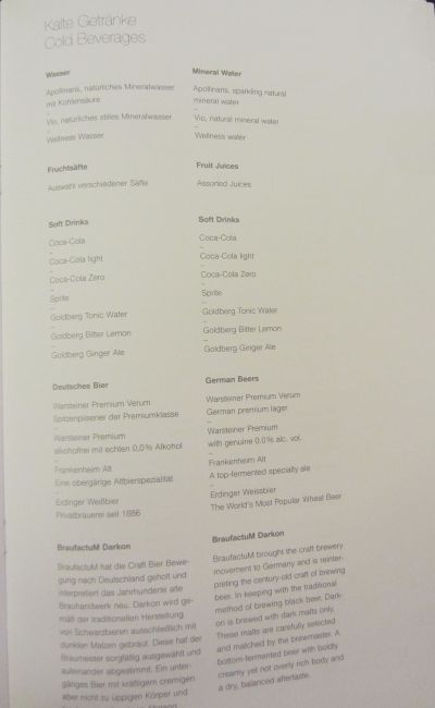 Lufthansa First Class Los Angeles to Munich Menu