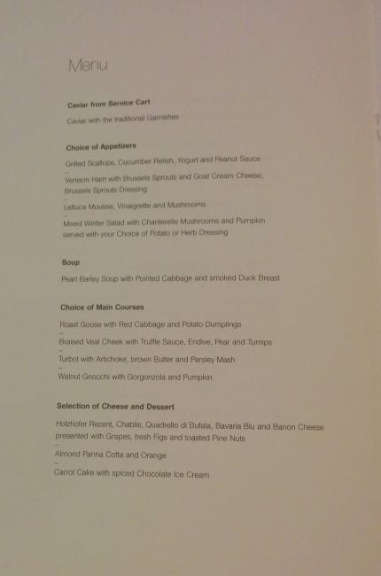 Lufthansa First Class Menu